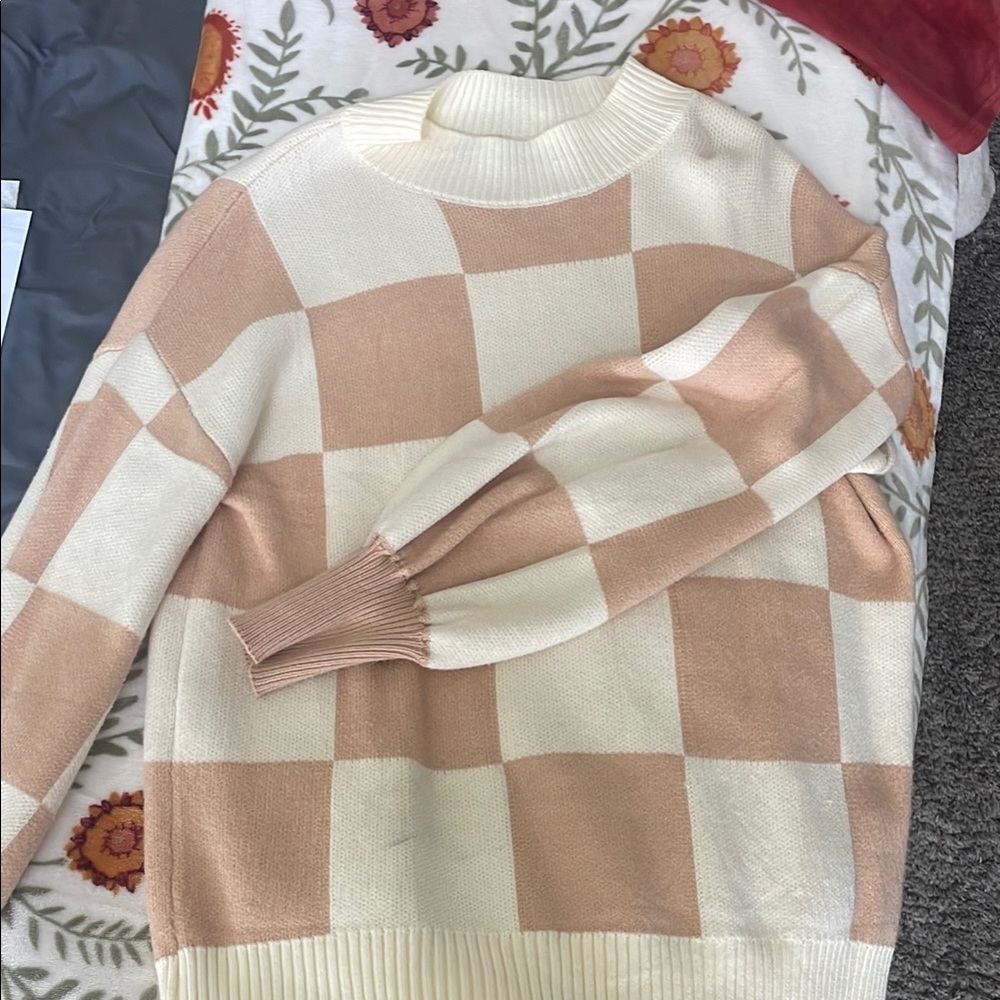 Checkered Cream and Tan Sweater